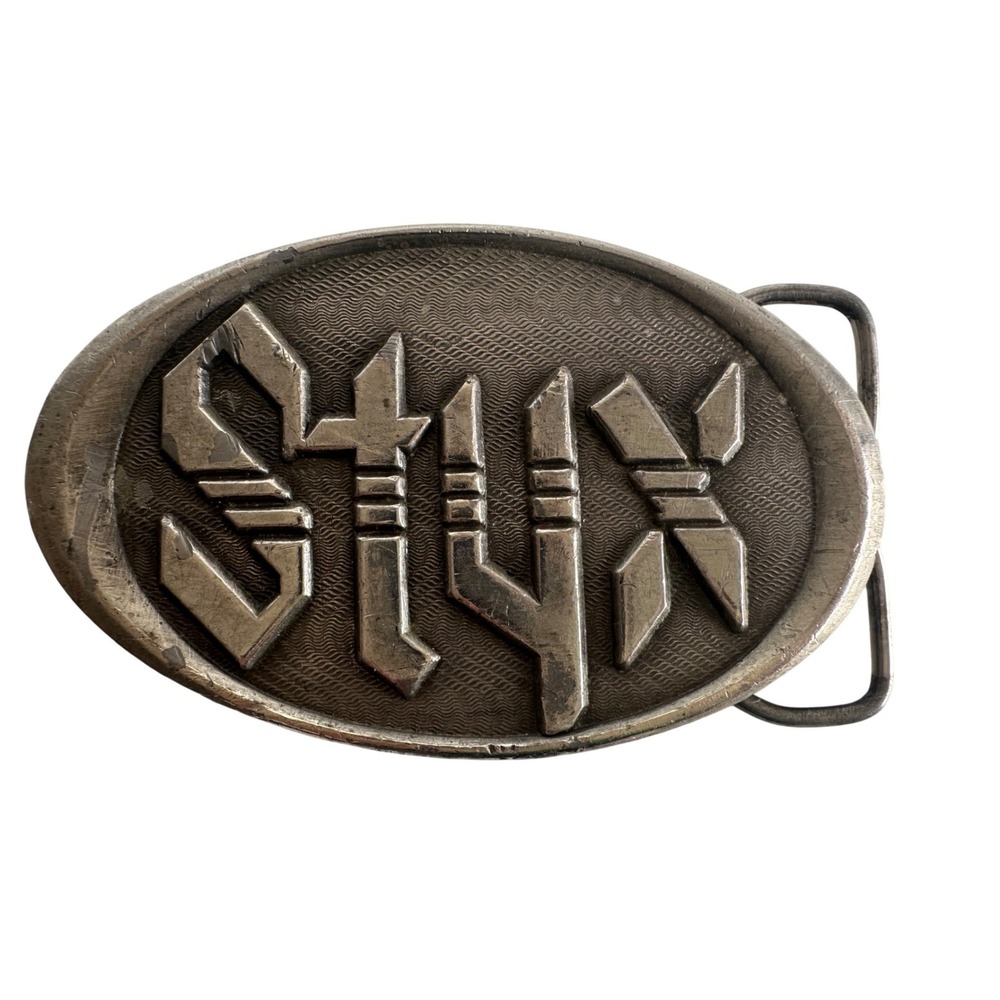 Vintage Styx Band Belt Buckle A&M Records & Tapes Silver Tone Oval‎ Metal Logo